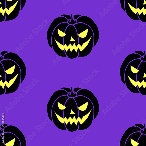 Vector seamless Halloween Pattern. Black silhouettes of pumpkins with glowing eyes on dark purple background. Jack Lantern