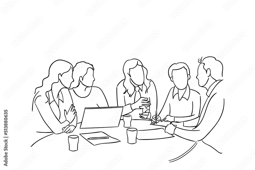 Business meeting discussion between worker in cafe round table. cartoon vector illustration.