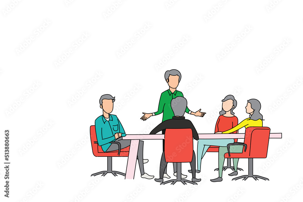 Group discussion between business worker. Braintstorming concept vector flat design illustration. - obrazy, fototapety, plakaty 