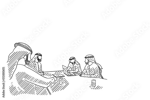Arab men doing business meeting. Concept for team discussion. Hand drawn vector design.