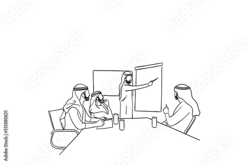Business meeting between arabic business men. Concept of presentation. Cartoon vector illustration design