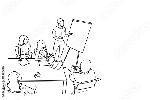 Concept of business presentation. Meeting in the office. cartoon line art illustration.