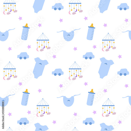 Children's seamless pattern for boys with blue objects, with round spots.