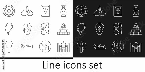 Set line Taj Mahal, Yagna, India constitution day, Indian man, Rosary beads religion, Chakra, Tandoori chicken and headgear turban icon. Vector