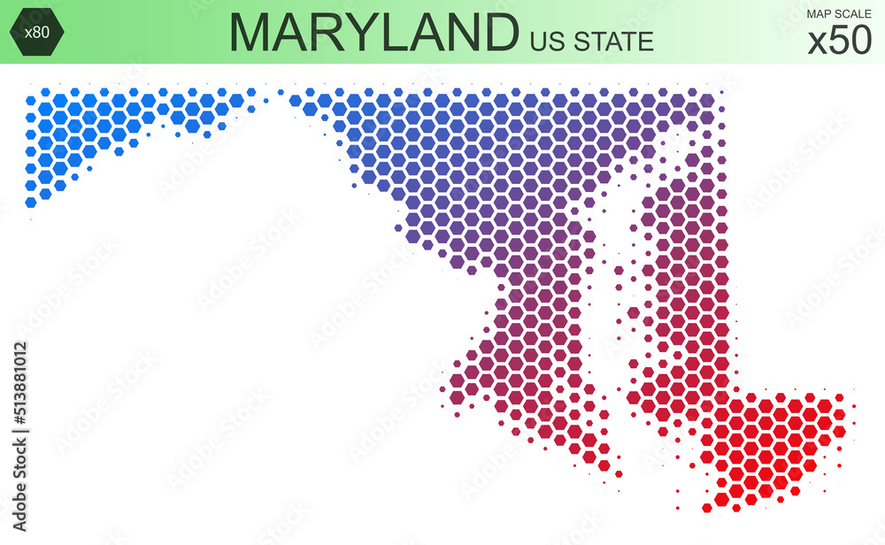 Dotted map of the state of Maryland in the USA, from hexagons, on a scale of 50x50 elements. With smooth edges and a smooth gradient from one color to another on a white background.