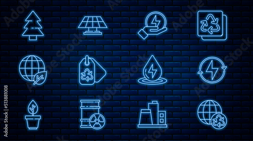 Set line Planet earth and recycling, Lightning bolt, Tag with recycle, Earth globe leaf, Christmas tree, Water energy and Solar panel icon. Vector