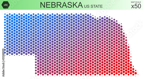 Dotted map of the state of Nebraska in the USA, from hexagons, on a scale of 50x50 elements. With smooth edges and a smooth gradient from one color to another on a white background.
