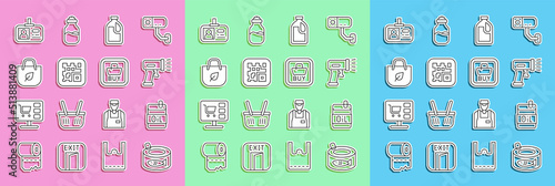 Set line Canned fish, Bottle of olive oil, Scanner scanning bar code, for cleaning agent, QR, Shopping bag with recycle, Identification badge and Buy button icon. Vector