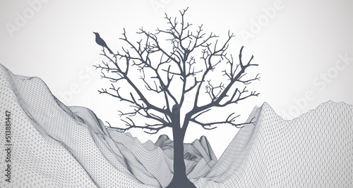 Abstract wireframe mountains with a tree and a bird on it in the foreground.