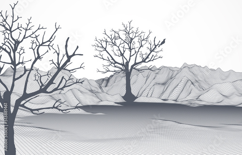 Abstract wireframe mountains with a tree and a bird on it in the foreground.
