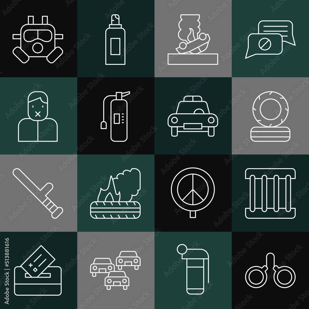 Set line Handcuffs, Prison window, Lying burning tires, Burning car, Fire extinguisher, Censor freedom of speech, Gas mask and Police flasher icon. Vector Set line Handcuffs, Prison window, Lying burning tires, Burning car, Fire extinguisher, Censor freedom of speech, Gas mask and Police flasher icon. Vector
