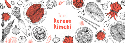 Kimchi cooking and ingredients for kimchi, sketch illustration. Korean cuisine frame. Healthy food, design elements. Hand drawn, package design. Asian food