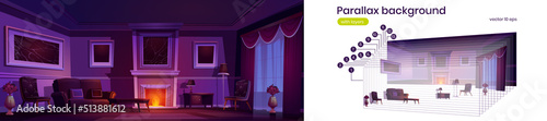 Parallax background for game with Luxury old living room interior with burning fireplace. 2d cartoon apartment with classic furniture, leather couch and armchair separated layers, Vector illustration