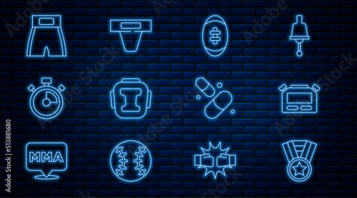 Set line Medal, Stopwatch, American Football ball, Boxing helmet, short, Vitamin pill and Groin guard icon. Vector