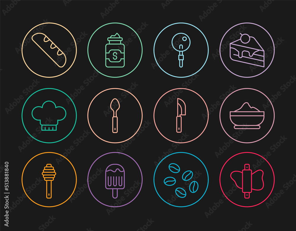 Set line Rolling pin on dough, Flour bowl, Lollipop, Spoon, Chef hat, French baguette bread, Knife and Jar of sugar icon. Vector Set line Rolling pin on dough, Flour bowl, Lollipop, Spoon, Chef hat, French baguette bread, Knife and Jar of sugar icon. Vector