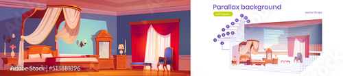 Parallax background luxury bedroom 2d interior. Light room with vintage furniture, bed with canopy, lamp, mirror, night stand and armchair at wide window separated layers, Cartoon vector illustration