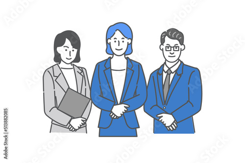 ビジネスマン３人の畏まった立ち姿の上半身の線画ベクターイラスト