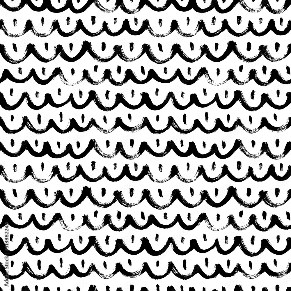 Grunge black waves with short vertical lines. Black curved thin lines seamless pattern. Abstract background with wavy brush strokes and dashes. Hand drawn sea water modern vector background.