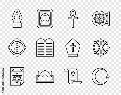 Set line Jewish calendar, Star and crescent, Cross ankh, Hindu spiritual temple, Hands praying position, The commandments, Torah scroll and Dharma wheel icon. Vector