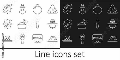 Set line Volcano eruption with lava, Mexican sombrero, Tomato, Nachos in bowl, Tabasco sauce, Hot chili pepper pod, and man icon. Vector