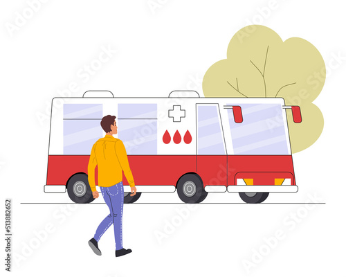 Young donor man go to the mobile blood donation bus. Guy volunteer entering to medical center vehicle. Charity and relief work concept. Color flat vector illustration isolated on white background
