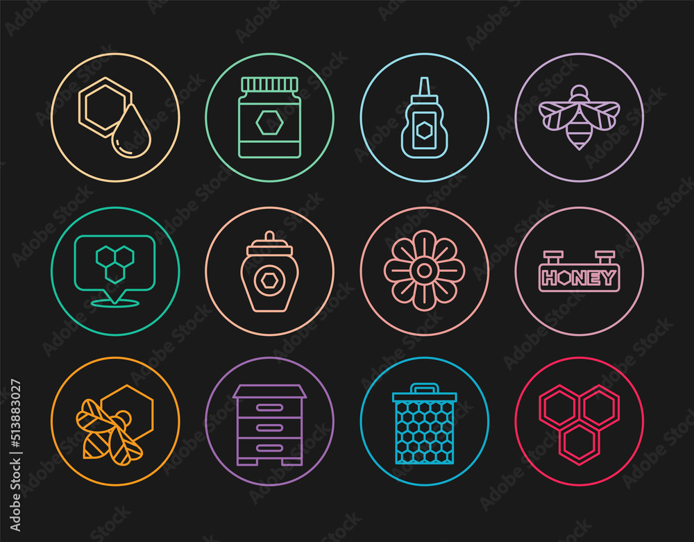 Set line Honeycomb, Hanging sign with honeycomb, Jar of, bee location, Flower and icon. Vector Set line Honeycomb, Hanging sign with honeycomb, Jar of, bee location, Flower and icon. Vector