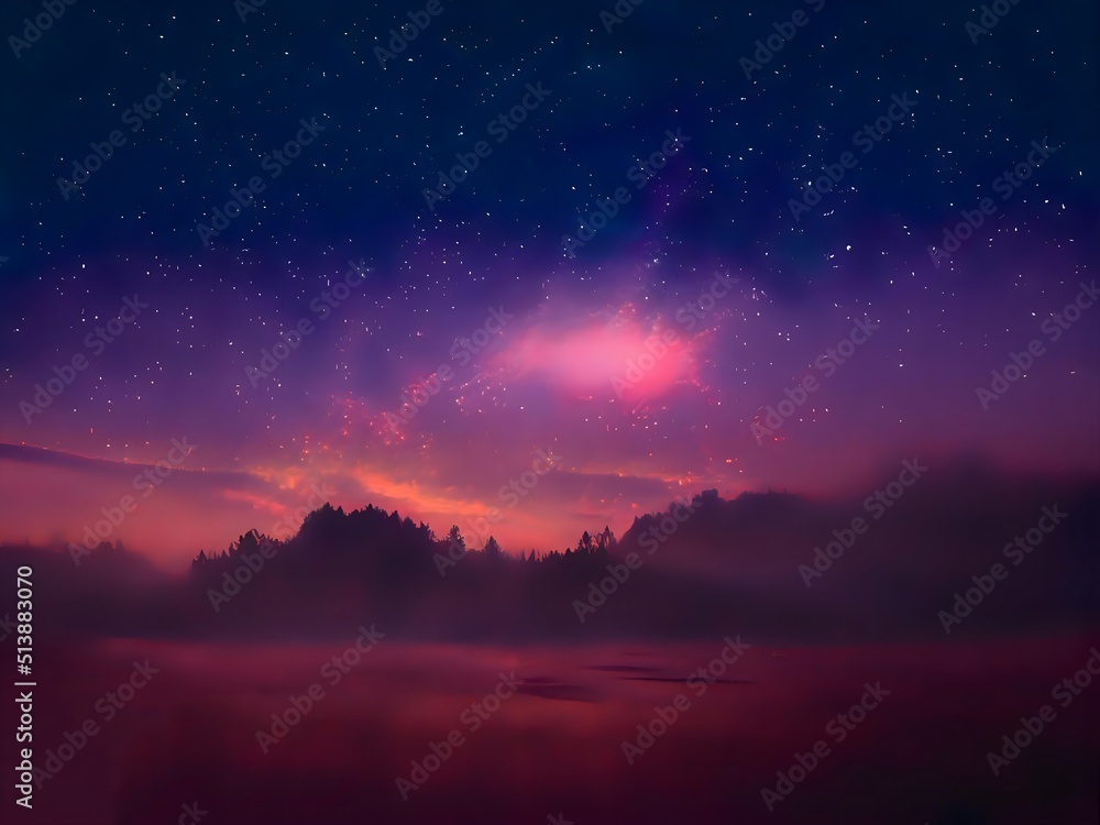 Milky Way and pink light at mountains. Night colorful landscape. Starry sky with hills. Beautiful Universe. Space background with galaxy. Travel background