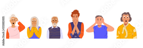 Set of elderly people looking shocked, feared, worried. Old men and women portraits with excited, surprised expressions of faces. Color flat vector illustration of senior characters