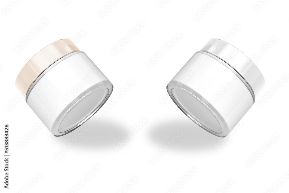 Two blank cream jars with shadow mockup isolated on white background. 3d rendering. Two blank cream jars with shadow mockup isolated on white background. 3d rendering.