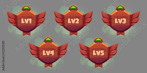 Game level ui icons, wooden shields or banners with wings and magic haze. Isolated award frames or bonus graphic elements, reward, trophy achievement and prize for rpg 2d design, Cartoon vector set