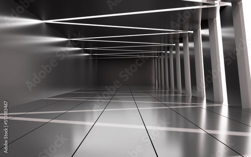 Abstract empty gray room interior with inclined columns, 3d rendering.