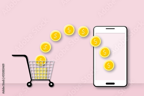 Coins moving between smartphone with shopping cart on pink wall background. Concept for money transfer and internet mobile banking or electronic transaction. illustration of 3d paper cut design style.