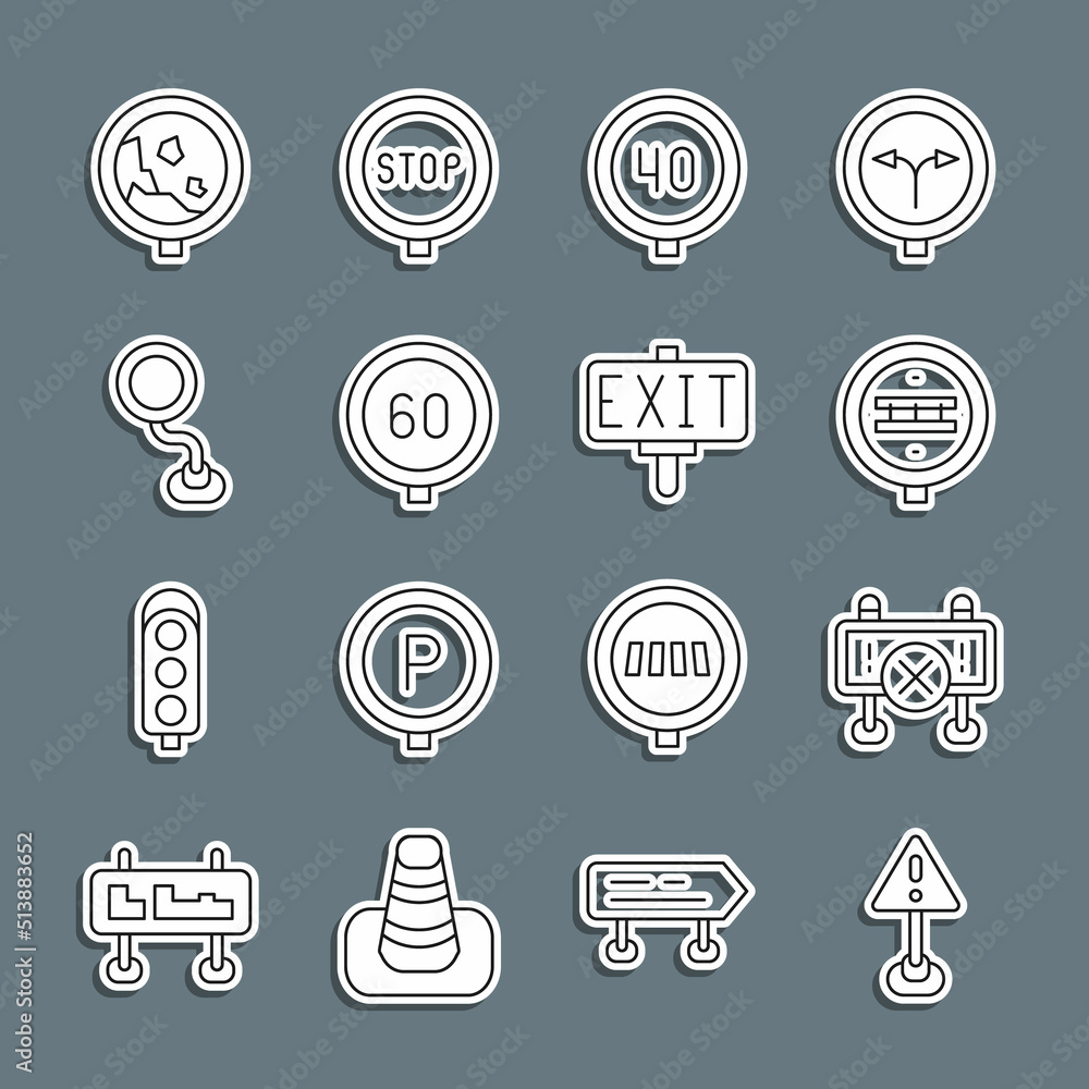 Set line Exclamation mark in triangle, Road barrier, Railroad crossing, Speed limit traffic, sign, warning rockfall and Fire exit icon. Vector Set line Exclamation mark in triangle, Road barrier, Railroad crossing, Speed limit traffic, sign, warning rockfall and Fire exit icon. Vector