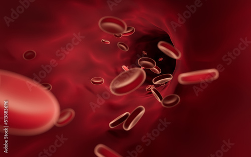 Red blood cells flowing through blood vessels, 3d rendering.