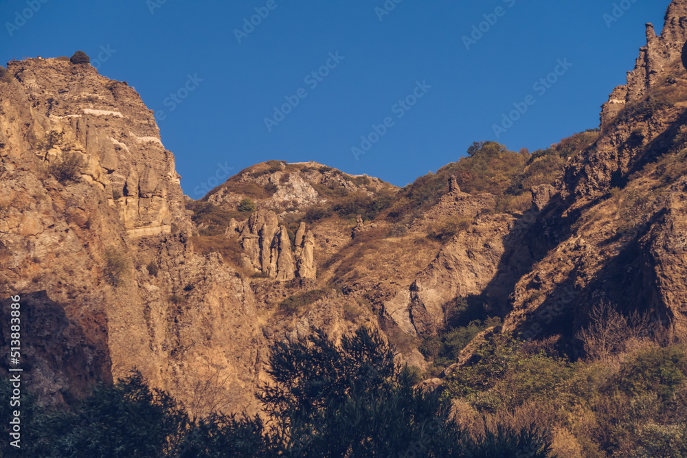 Picturesque view to scenic landscape ravine. Canyon and gorge in Armenia near Garni and Symphony of Stones. Forest meadows and hills. River gorge in mountains panorama stock photo