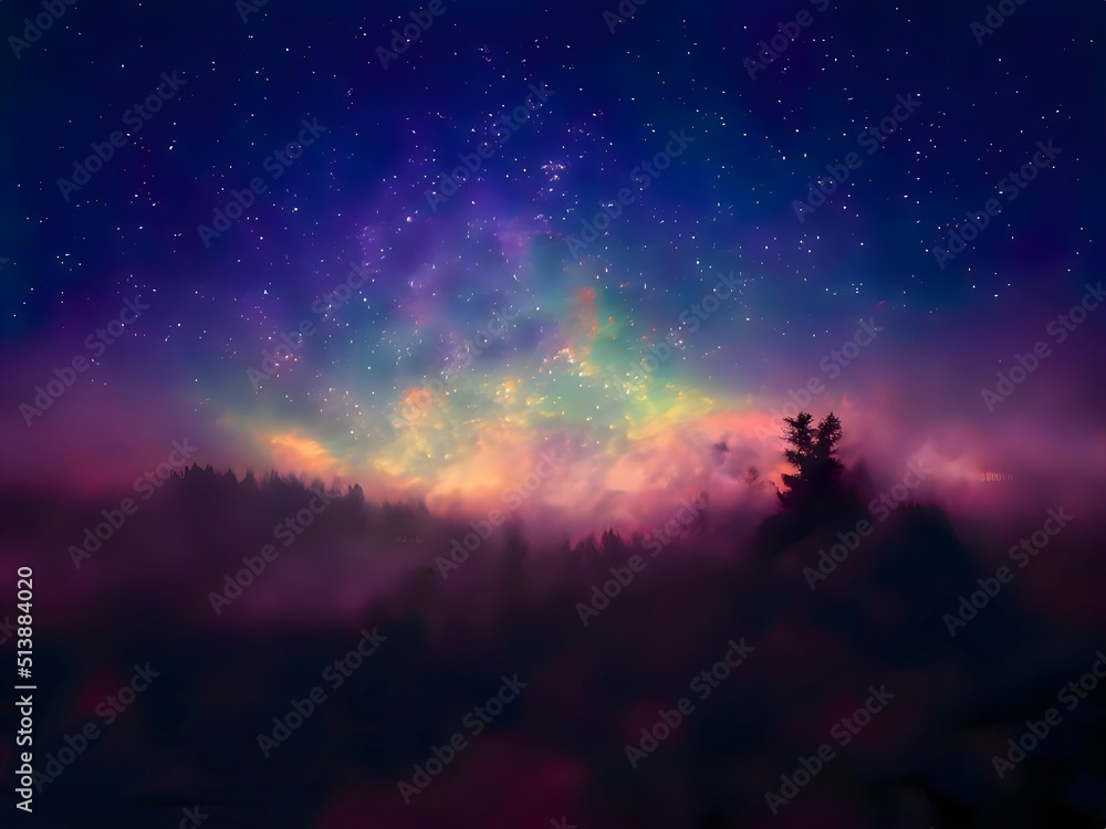 Milky Way and pink light at mountains. Night colorful landscape. Starry sky with hills. Beautiful Universe. Space background with galaxy. Travel background