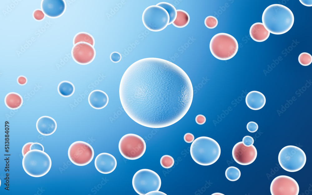 Blue cells and pink cells with blue background, 3d rendering.