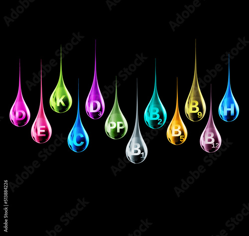 Bild auf Leinwand Set of multi vitamin complex in the shape of colorful drops on a black backgroun