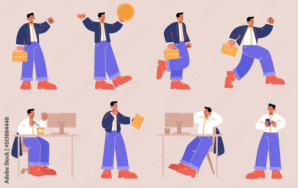 Businessman, office black skin worker poses set. Vector flat illustrations of employee character with briefcase and phone busy at workplace, run, gold coin and thinking isolated on background