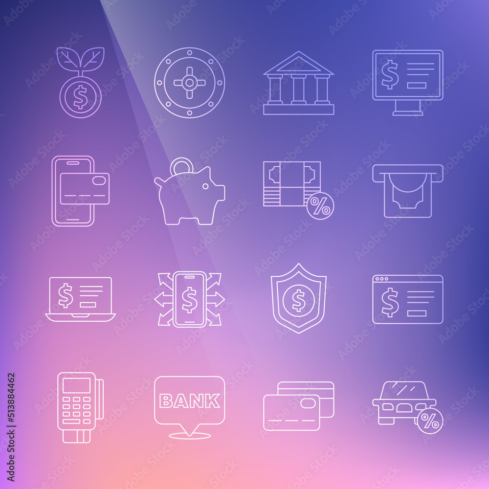 Set line Car leasing percent, Online banking with dollar, ATM and money, Bank building, Piggy, Mobile, Dollar plant and Money icon. Vector Set line Car leasing percent, Online banking with dollar, ATM and money, Bank building, Piggy, Mobile, Dollar plant and Money icon. Vector