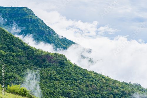 Landscape misty Fantastic dreamy sunrise on the mountains  Mountain with mist cloud at Khao Kho Phetchabun Thailand