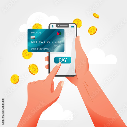 Hand with online phone credit card. Shopping by bank app. Money purchase ATM account. Fingers touch mobile screen button. Cashless payment. Finance transfer. Cartoon vector illustration