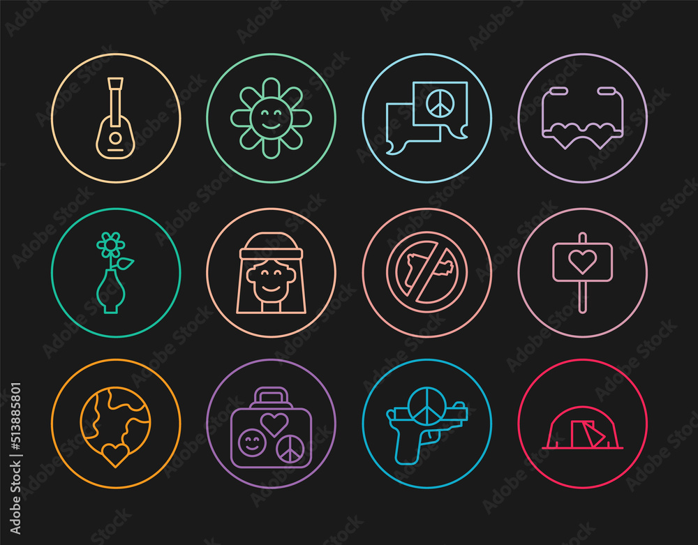 Set line Tourist tent, Peace, Speech bubble chat, Hippie girl, Flower in vase, Guitar, No war and icon. Vector Set line Tourist tent, Peace, Speech bubble chat, Hippie girl, Flower in vase, Guitar, No war and icon. Vector