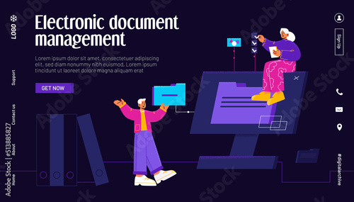 Electronic document management landing page. Online paperwork storage, digital system of paper organization with tiny people manage business docs at huge pc desktop, Line art flat vector web banner