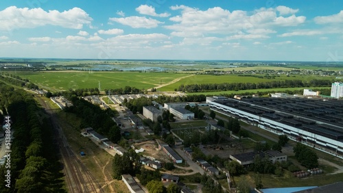 Industrial Zone. Industrial factory buildings and ancillary buildings. Baranovichi plant of automatic lines. Aerial photography.