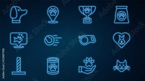 Set line Cat, Heart with dog, Pet award symbol, toys ball, Fish, Dog, Retractable cord leash and Location veterinary hospital icon. Vector