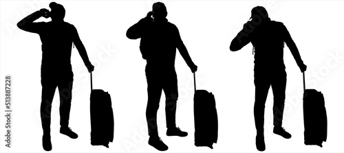 Tourist with a backpack and a suitcase on wheels. A young guy in a cap stands sideways and talks on a mobile phone. Talking on the phone. Three black male silhouettes isolated on white background