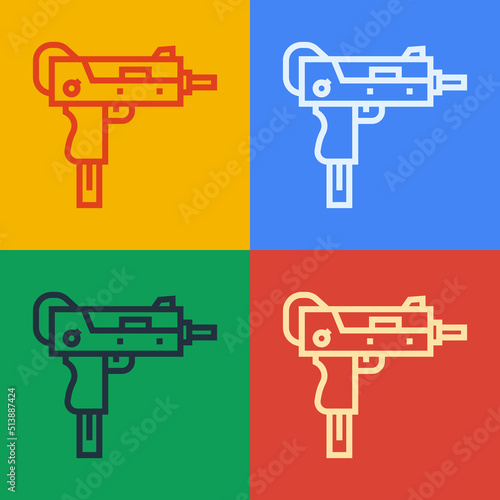 Pop art line UZI submachine gun icon isolated on color background. Automatic weapon. Vector