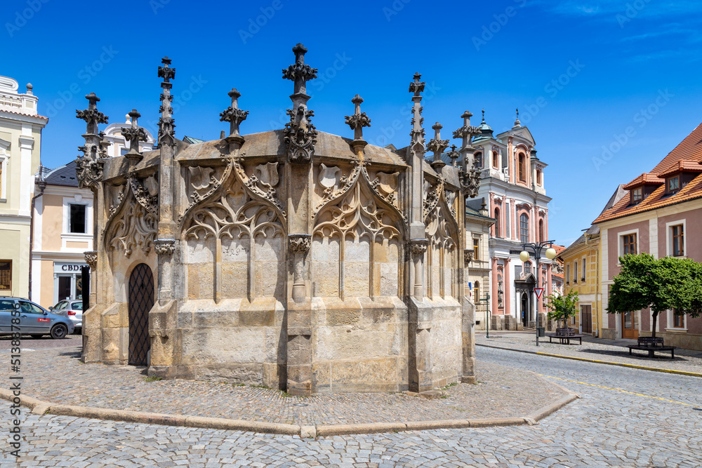gothic water well from 1495 and baroque St. Nepomuk church from 1734, UNESCO, Kutna Hora, Czech republic