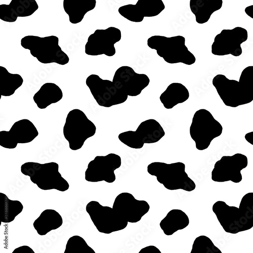 Cow hide seamless pattern. Holstein cattle texture. Cow skin pattern with smooth black and white texture. Dalmatian dog stains print. Black spots background. Animal skin template. Vector illustration.